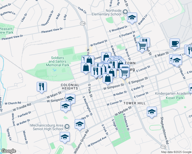 map of restaurants, bars, coffee shops, grocery stores, and more near 202 West Main Street in Mechanicsburg