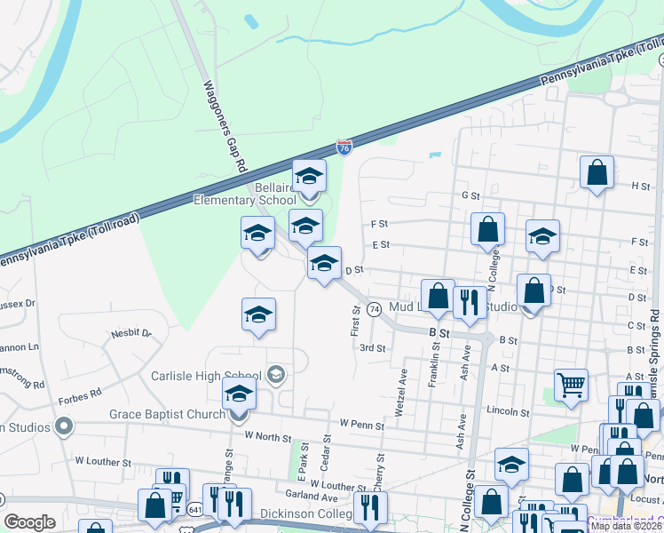 map of restaurants, bars, coffee shops, grocery stores, and more near 898 Waggoners Gap Road in Carlisle