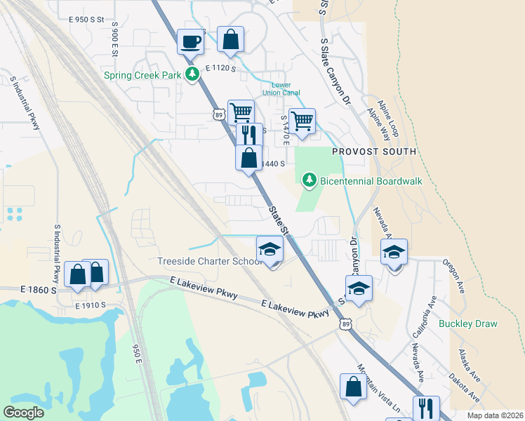 map of restaurants, bars, coffee shops, grocery stores, and more near 1225 East 1600 South Street in Provo