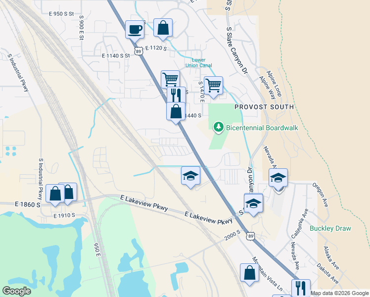 map of restaurants, bars, coffee shops, grocery stores, and more near 1554 South State Street in Provo