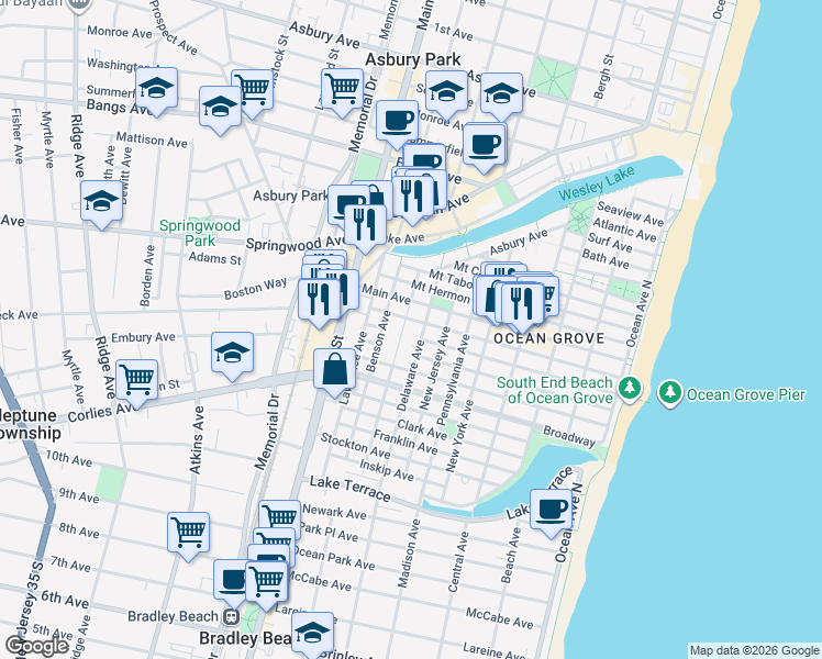 map of restaurants, bars, coffee shops, grocery stores, and more near 67 Delaware Avenue in Neptune Township