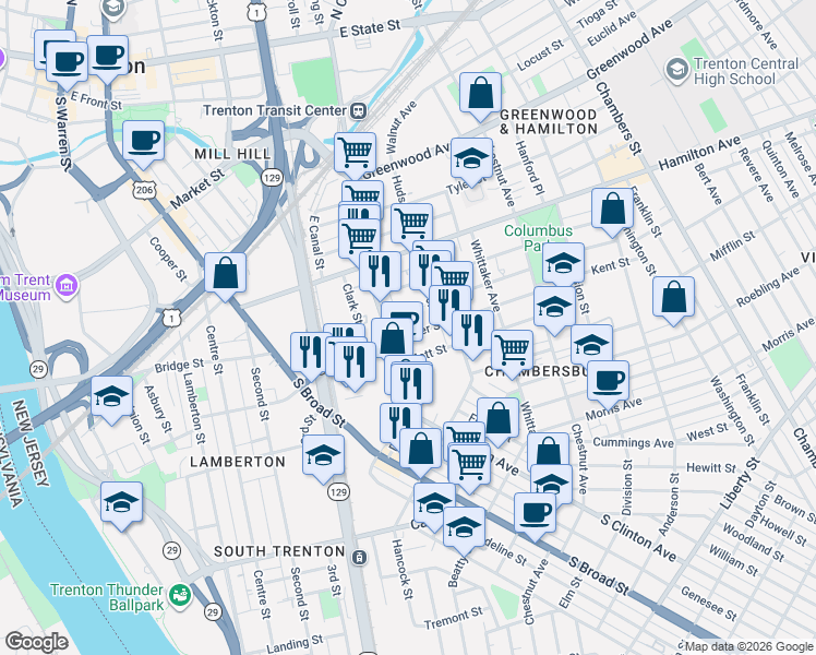 map of restaurants, bars, coffee shops, grocery stores, and more near 213 Elmer Street in Trenton