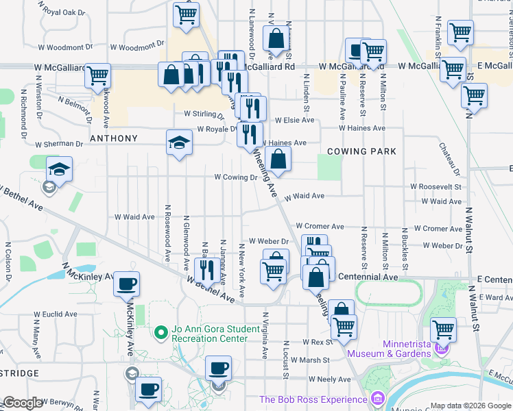 map of restaurants, bars, coffee shops, grocery stores, and more near 1200 West Waid Avenue in Muncie