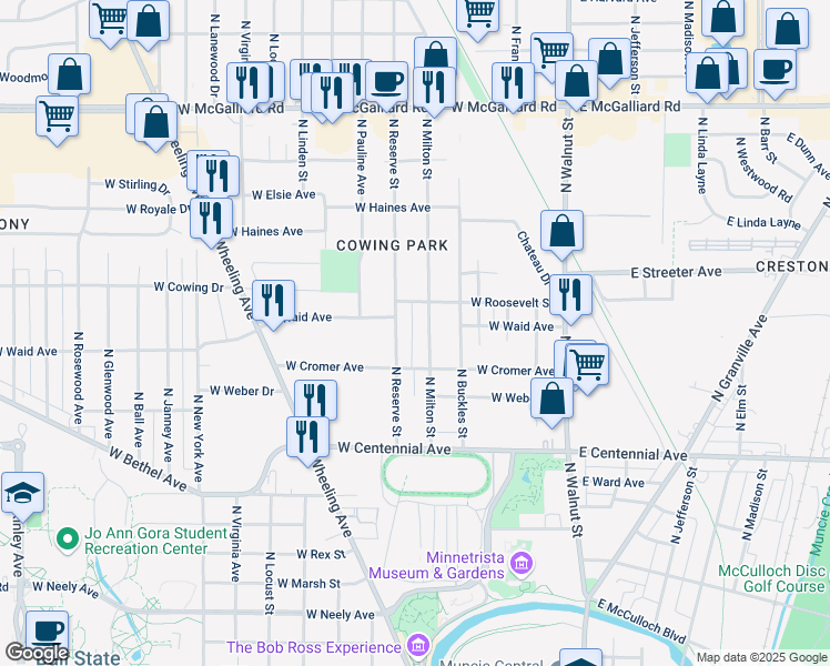 map of restaurants, bars, coffee shops, grocery stores, and more near 2100 North Reserve Street in Muncie