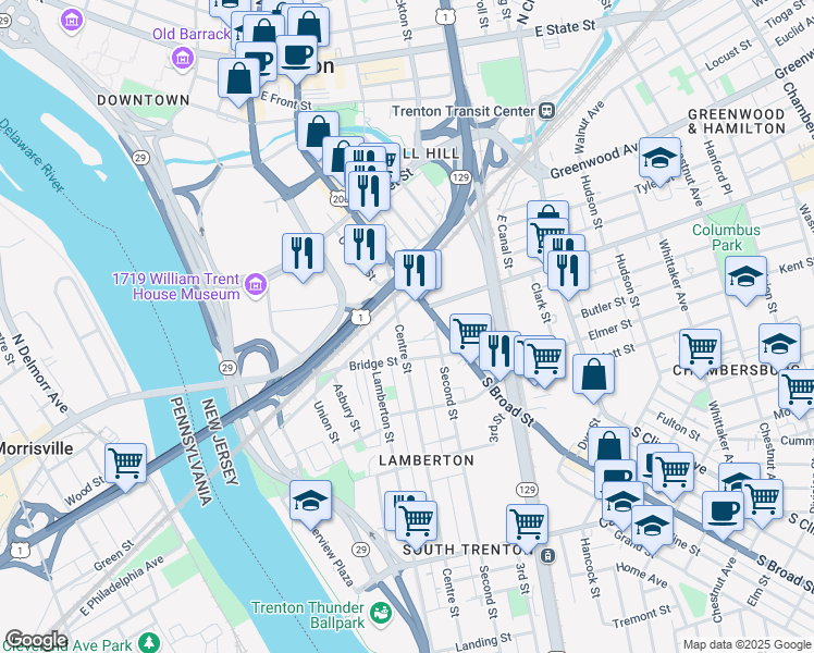 map of restaurants, bars, coffee shops, grocery stores, and more near 114 Centre Street in Trenton