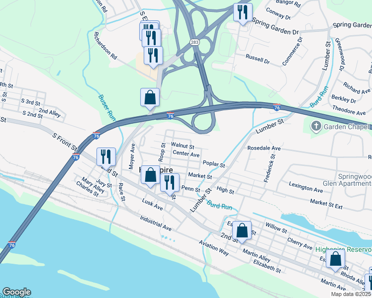 map of restaurants, bars, coffee shops, grocery stores, and more near 253 Walnut Street in Highspire