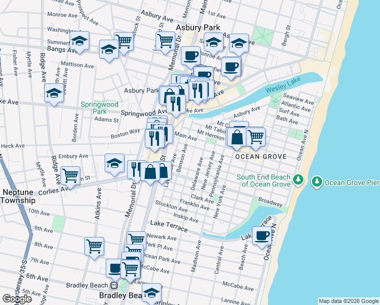 map of restaurants, bars, coffee shops, grocery stores, and more near 66 Whitefield Avenue in Monmouth County