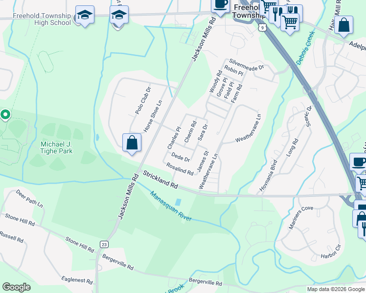 map of restaurants, bars, coffee shops, grocery stores, and more near 608 Jerome Place in Freehold