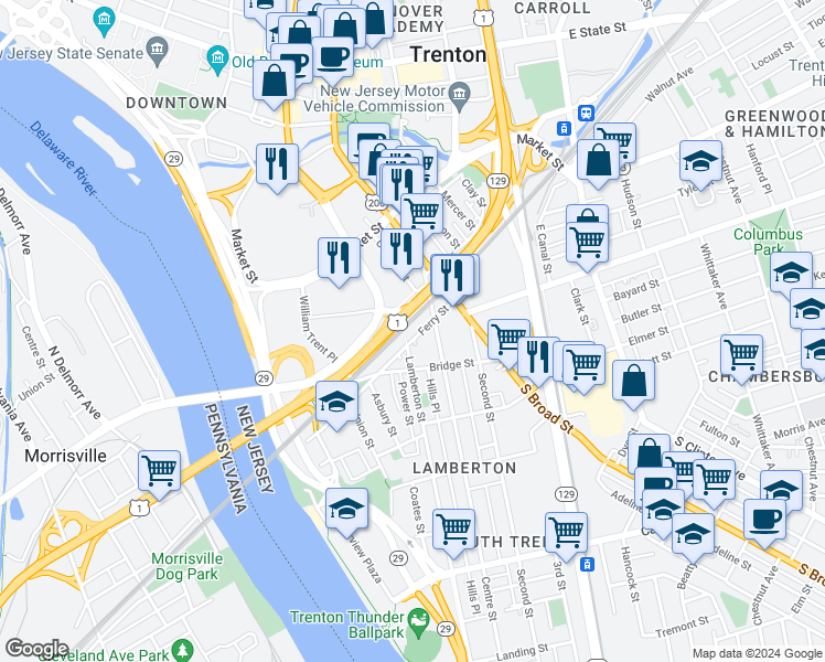 map of restaurants, bars, coffee shops, grocery stores, and more near 412-414 Ferry Street in Trenton