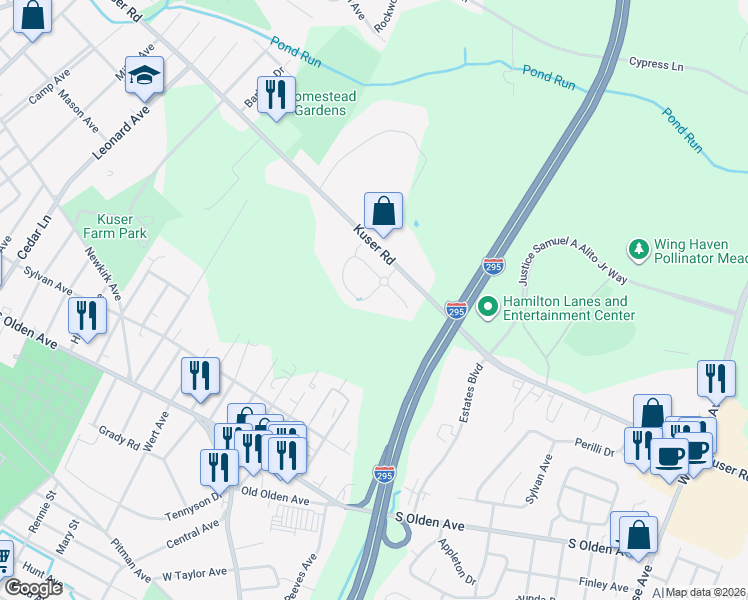map of restaurants, bars, coffee shops, grocery stores, and more near 118 Sundance Drive in Trenton
