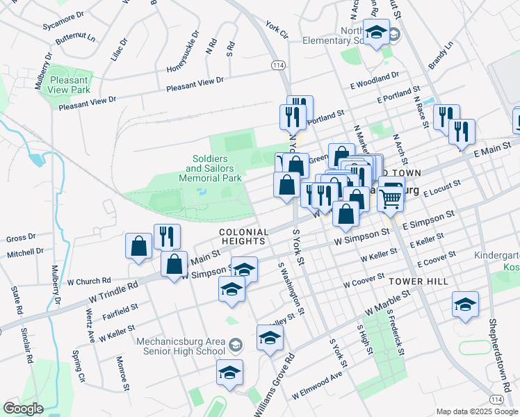 map of restaurants, bars, coffee shops, grocery stores, and more near North Washington Street in Mechanicsburg