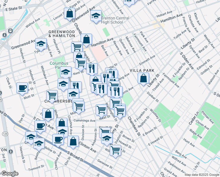 map of restaurants, bars, coffee shops, grocery stores, and more near 230 Washington Street in Trenton