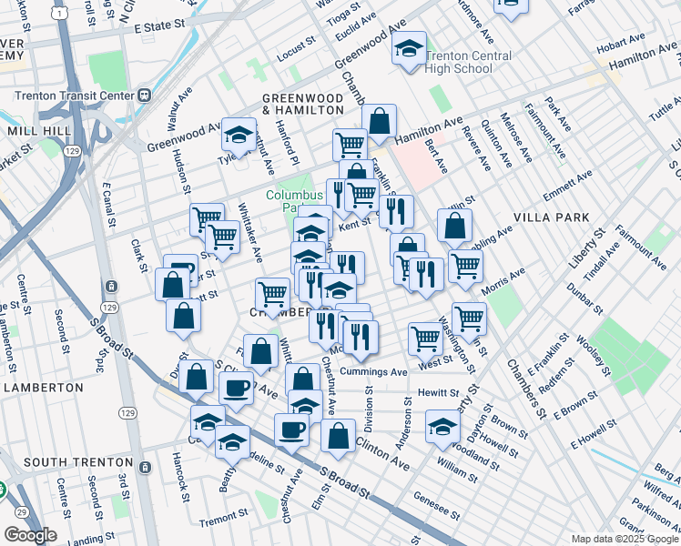 map of restaurants, bars, coffee shops, grocery stores, and more near 3 College Street in Trenton