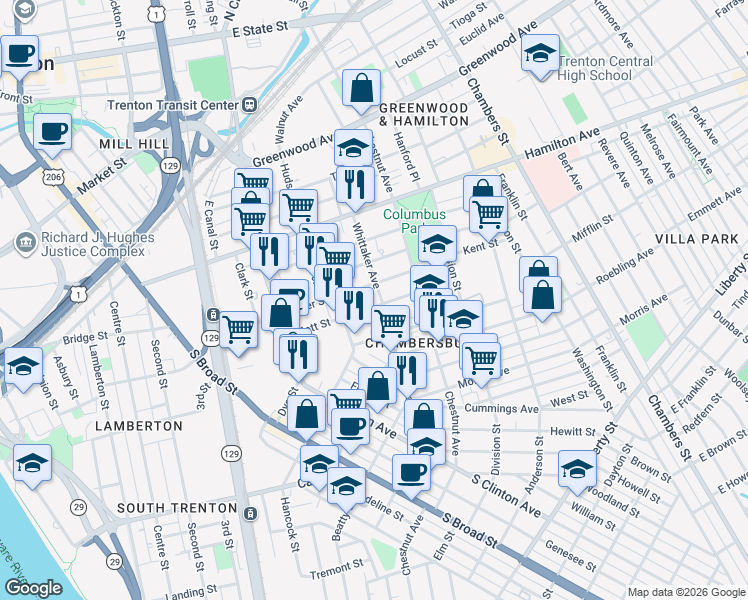 map of restaurants, bars, coffee shops, grocery stores, and more near 121 Mott Street in Trenton