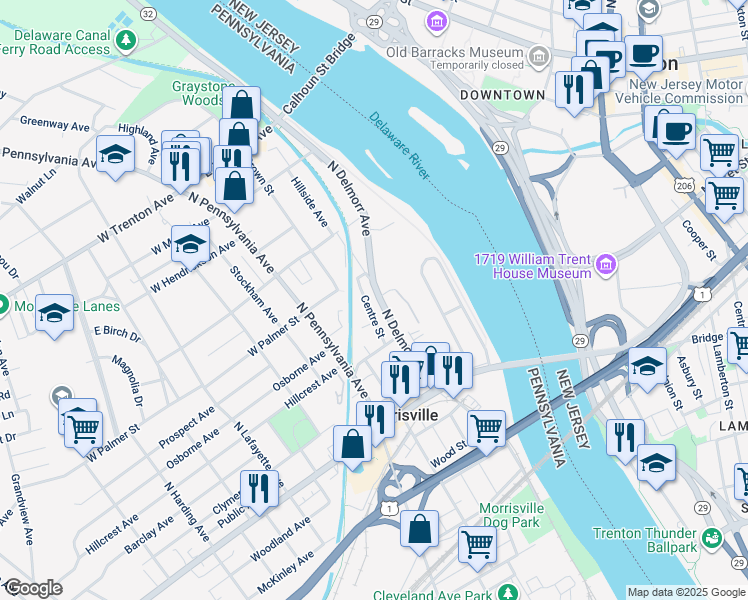 map of restaurants, bars, coffee shops, grocery stores, and more near 147 Centre Street in Morrisville