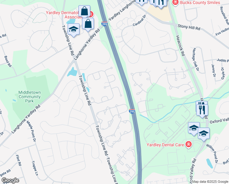 map of restaurants, bars, coffee shops, grocery stores, and more near 506 Palmer Farm Drive in Yardley