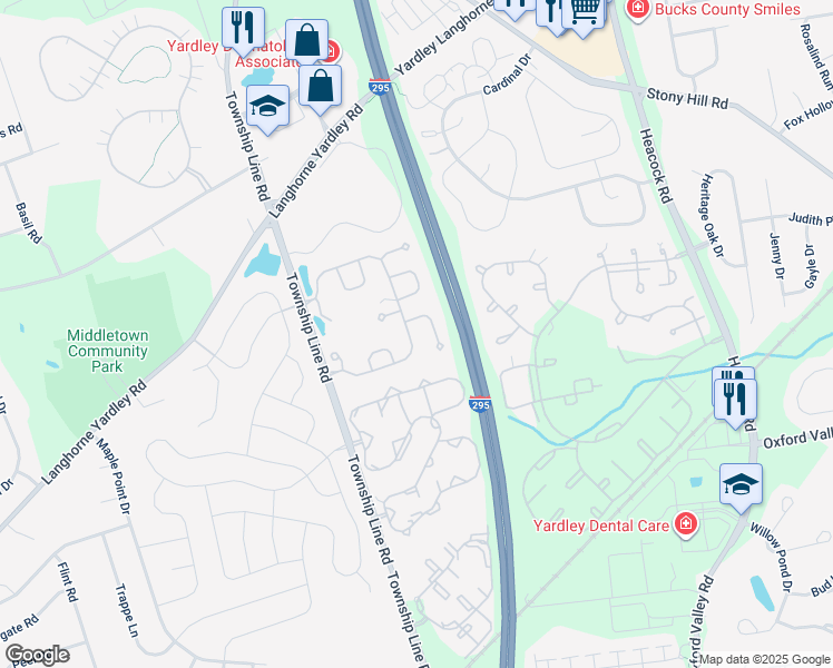 map of restaurants, bars, coffee shops, grocery stores, and more near 506 Palmer Farm Drive in Yardley