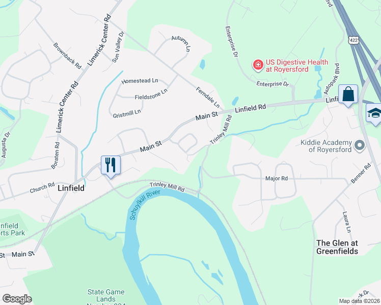 map of restaurants, bars, coffee shops, grocery stores, and more near 503 Red Rock Circle in Royersford