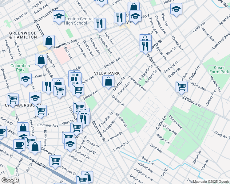 map of restaurants, bars, coffee shops, grocery stores, and more near 1533 Liberty Street in Trenton