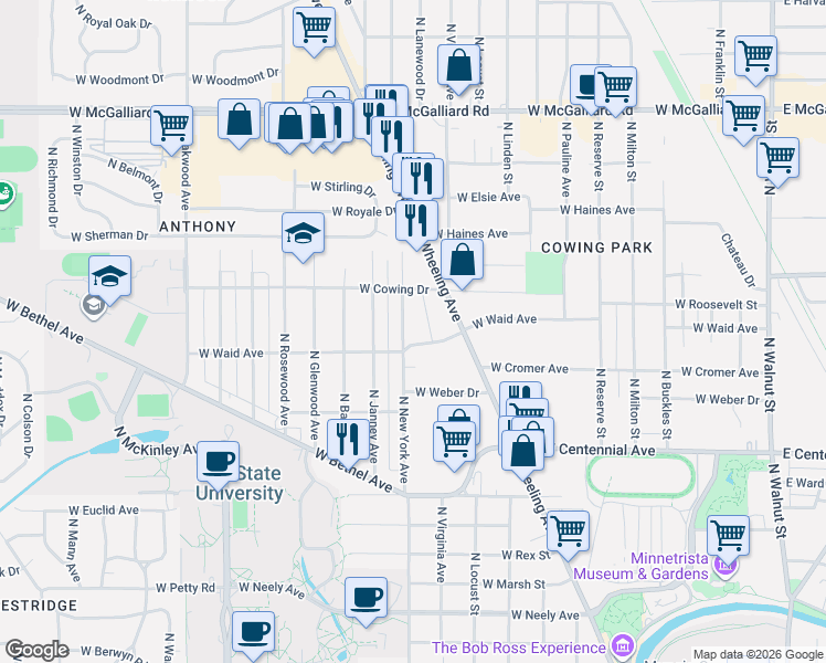 map of restaurants, bars, coffee shops, grocery stores, and more near 1216 West Waid Avenue in Muncie