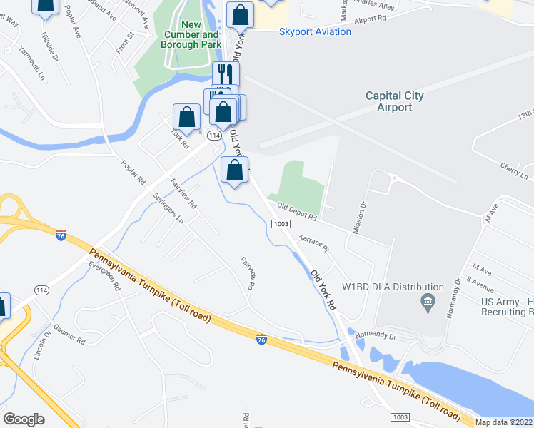 map of restaurants, bars, coffee shops, grocery stores, and more near 199 Old York Road in New Cumberland