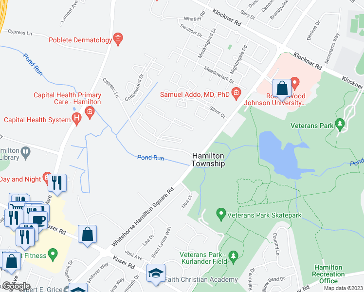 map of restaurants, bars, coffee shops, grocery stores, and more near 73 Versailles Court in Hamilton Township