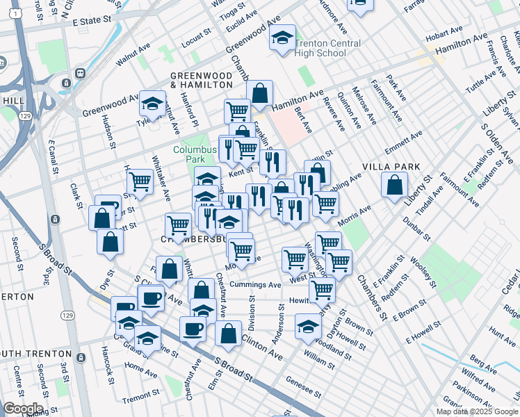 map of restaurants, bars, coffee shops, grocery stores, and more near Anderson Street & College Street in Trenton