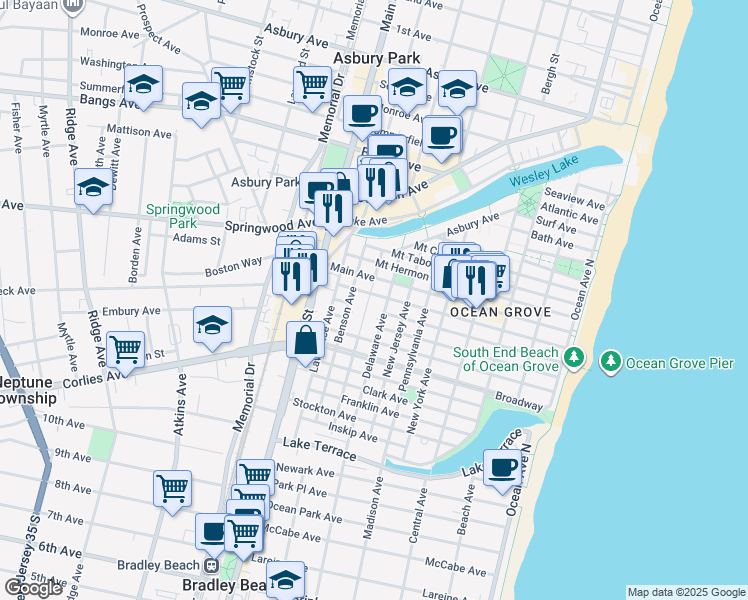 map of restaurants, bars, coffee shops, grocery stores, and more near 67 Delaware Avenue in Neptune Township