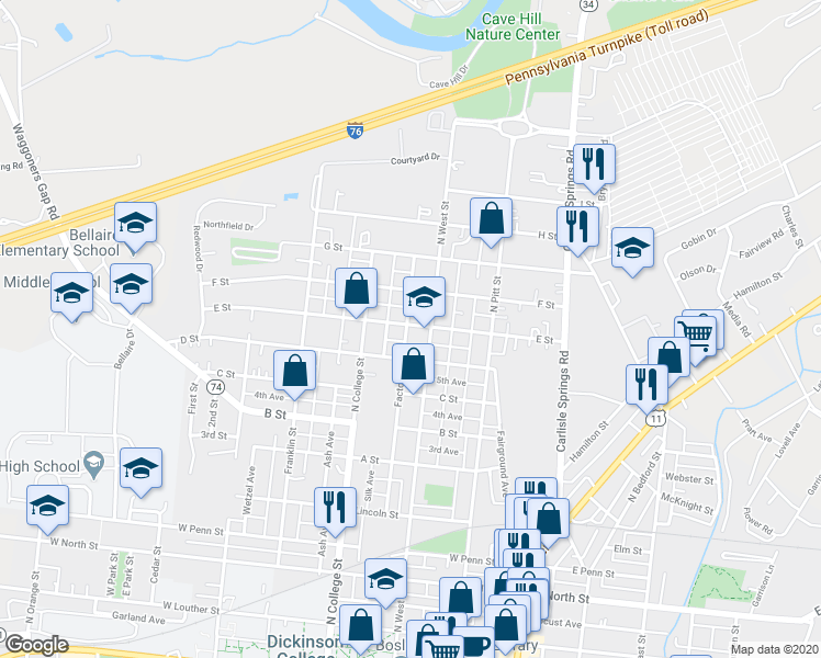 map of restaurants, bars, coffee shops, grocery stores, and more near 212 E Street in Carlisle