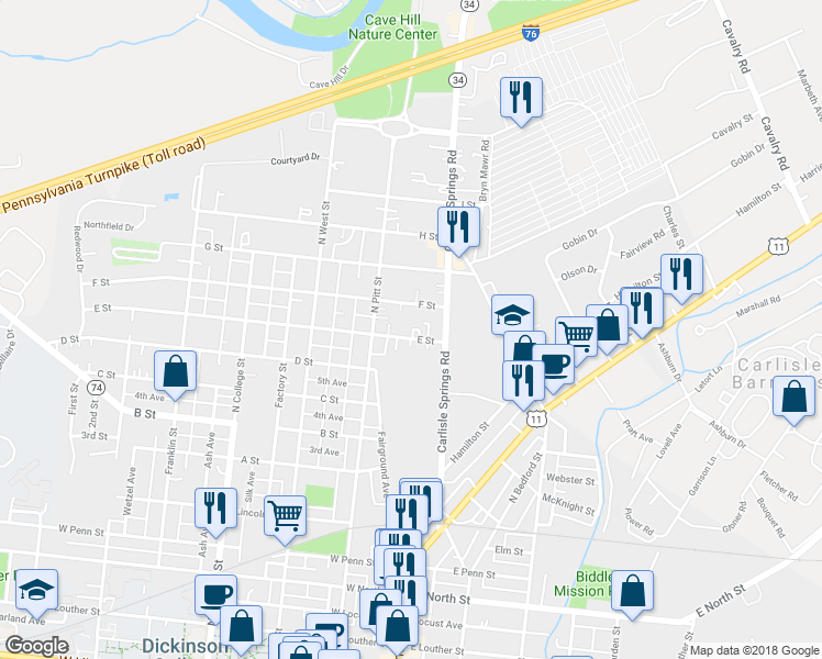 map of restaurants, bars, coffee shops, grocery stores, and more near 47 E Street in Carlisle