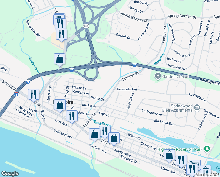 map of restaurants, bars, coffee shops, grocery stores, and more near 216 Lumber Street in Highspire