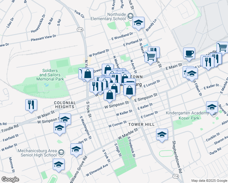 map of restaurants, bars, coffee shops, grocery stores, and more near 9 South Frederick Street in Mechanicsburg
