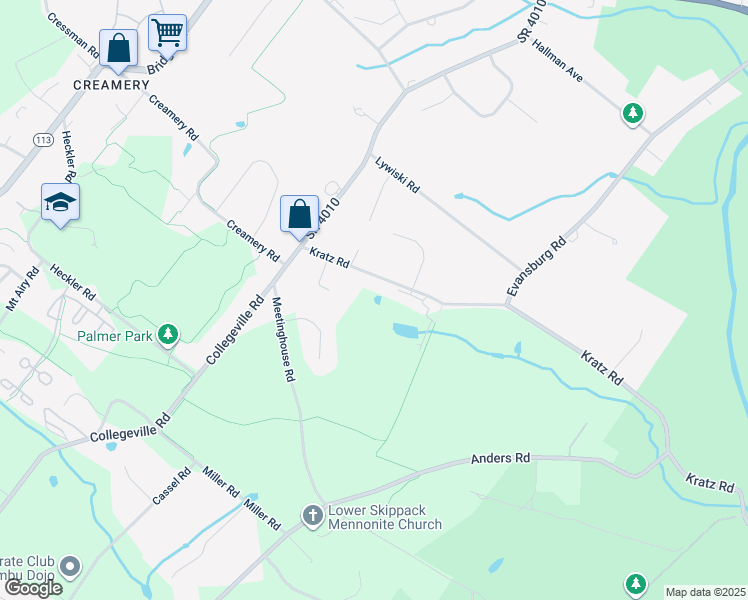 map of restaurants, bars, coffee shops, grocery stores, and more near 3846 Kratz Rd in Collegeville