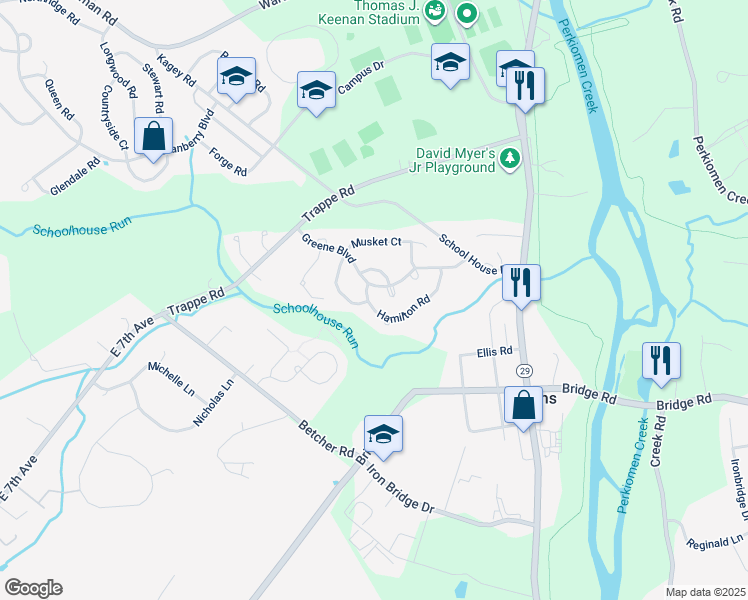map of restaurants, bars, coffee shops, grocery stores, and more near 905 Hamilton Road in Collegeville