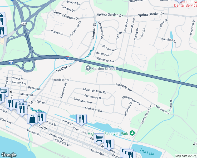 map of restaurants, bars, coffee shops, grocery stores, and more near 445 Edinburgh Road in Middletown