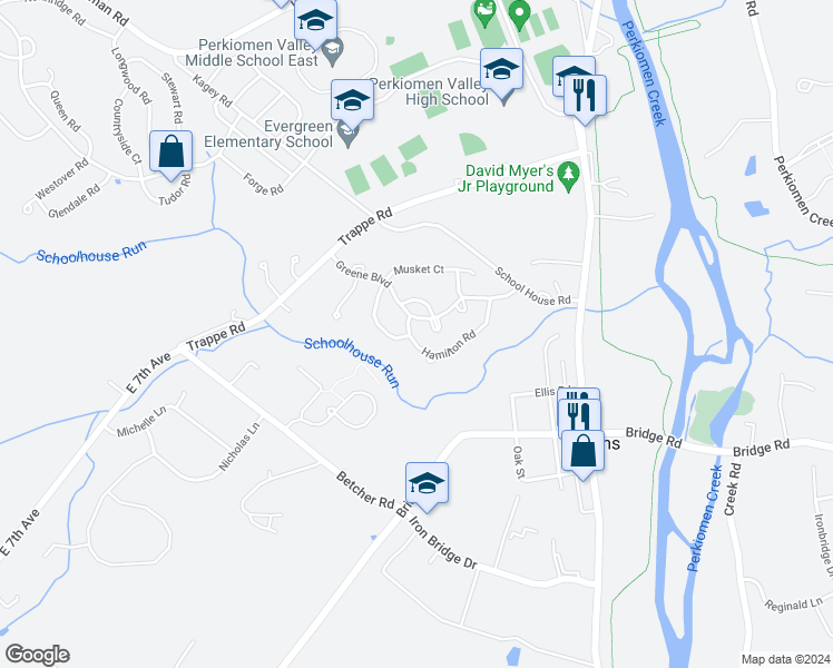 map of restaurants, bars, coffee shops, grocery stores, and more near 905 Hamilton Road in Collegeville