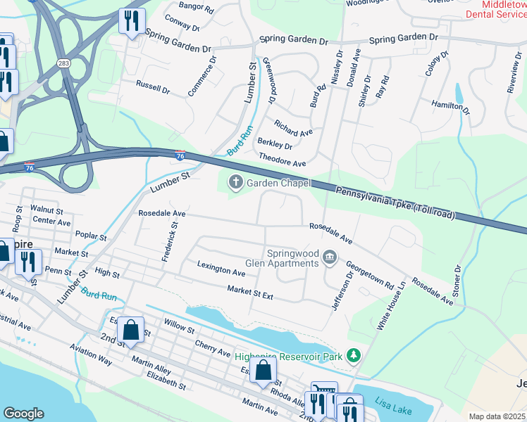 map of restaurants, bars, coffee shops, grocery stores, and more near 445 Edinburgh Road in Middletown