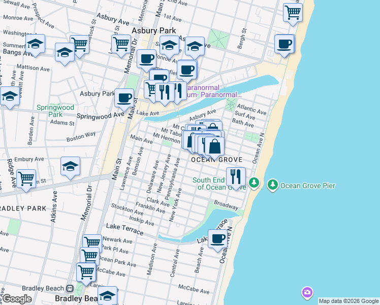 map of restaurants, bars, coffee shops, grocery stores, and more near Main Avenue in Neptune Township