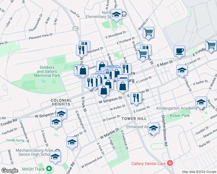 map of restaurants, bars, coffee shops, grocery stores, and more near 9 South Frederick Street in Mechanicsburg