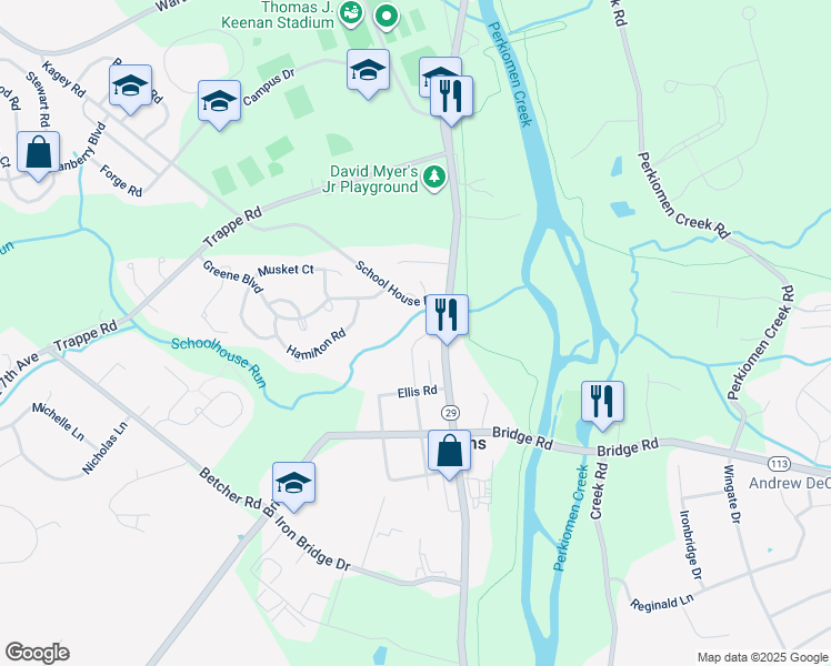 map of restaurants, bars, coffee shops, grocery stores, and more near 379 Centennial Street in Collegeville