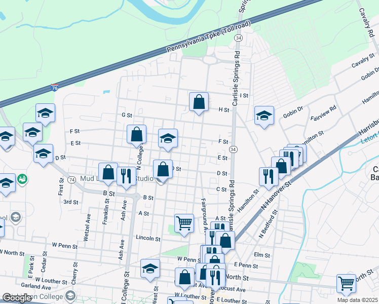 map of restaurants, bars, coffee shops, grocery stores, and more near 111 E Street in Carlisle