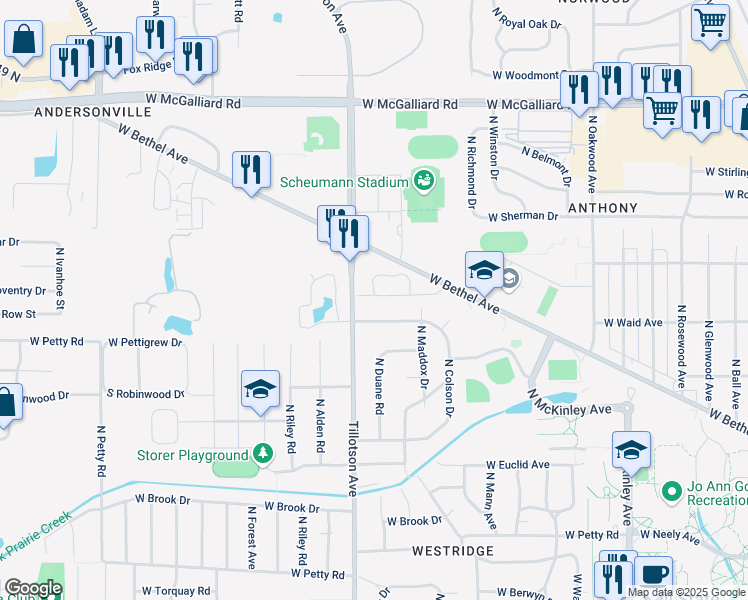 map of restaurants, bars, coffee shops, grocery stores, and more near 2804 West Beckett Drive in Muncie