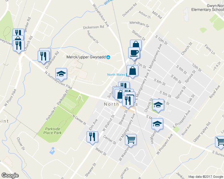 map of restaurants, bars, coffee shops, grocery stores, and more near 210 School Street in North Wales