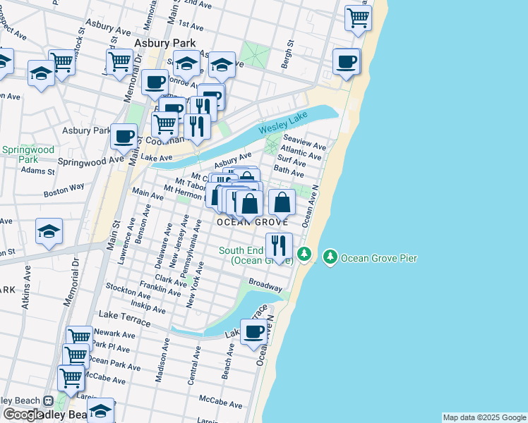 map of restaurants, bars, coffee shops, grocery stores, and more near 40 Central Avenue in Neptune Township