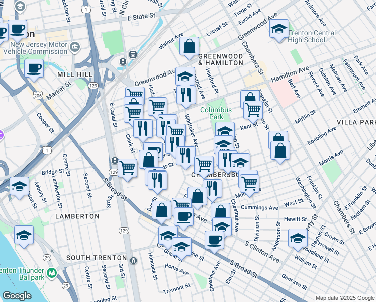 map of restaurants, bars, coffee shops, grocery stores, and more near 325 Elmer Street in Trenton