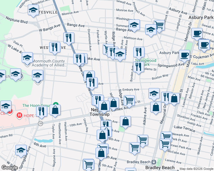 map of restaurants, bars, coffee shops, grocery stores, and more near 152 Fisher Avenue in Neptune City