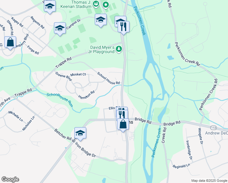 map of restaurants, bars, coffee shops, grocery stores, and more near 381 Centennial Street in Collegeville