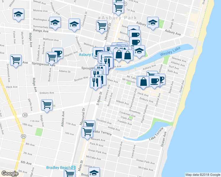 map of restaurants, bars, coffee shops, grocery stores, and more near 143 Embury Avenue in Ocean Grove