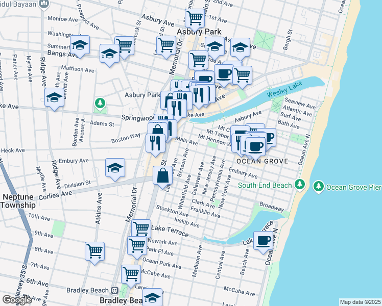 map of restaurants, bars, coffee shops, grocery stores, and more near 71 Benson Avenue in Monmouth County