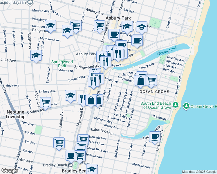 map of restaurants, bars, coffee shops, grocery stores, and more near 143 Embury Avenue in Ocean Grove